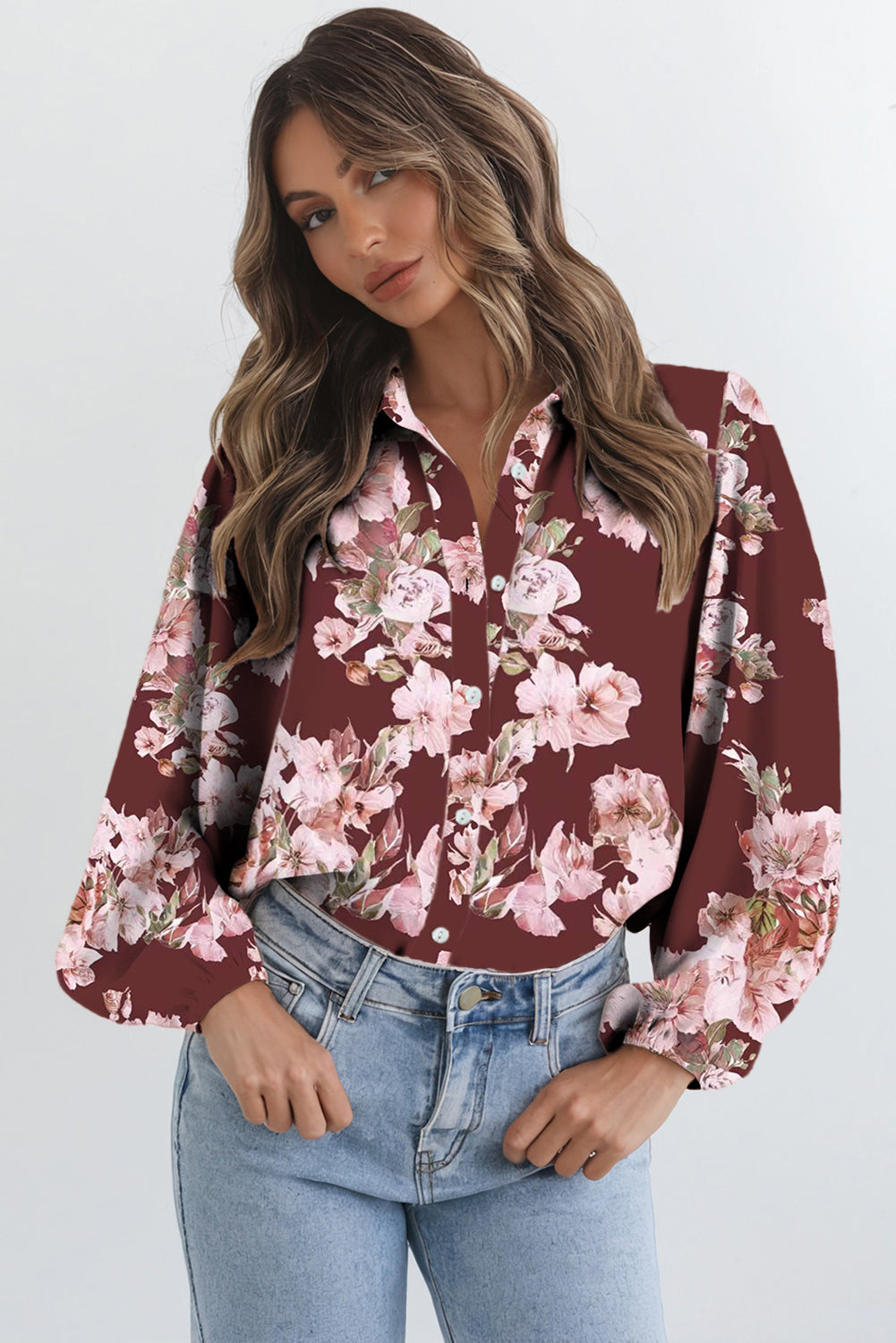 Orange Floral Puff Sleeve Lightweight Shirt