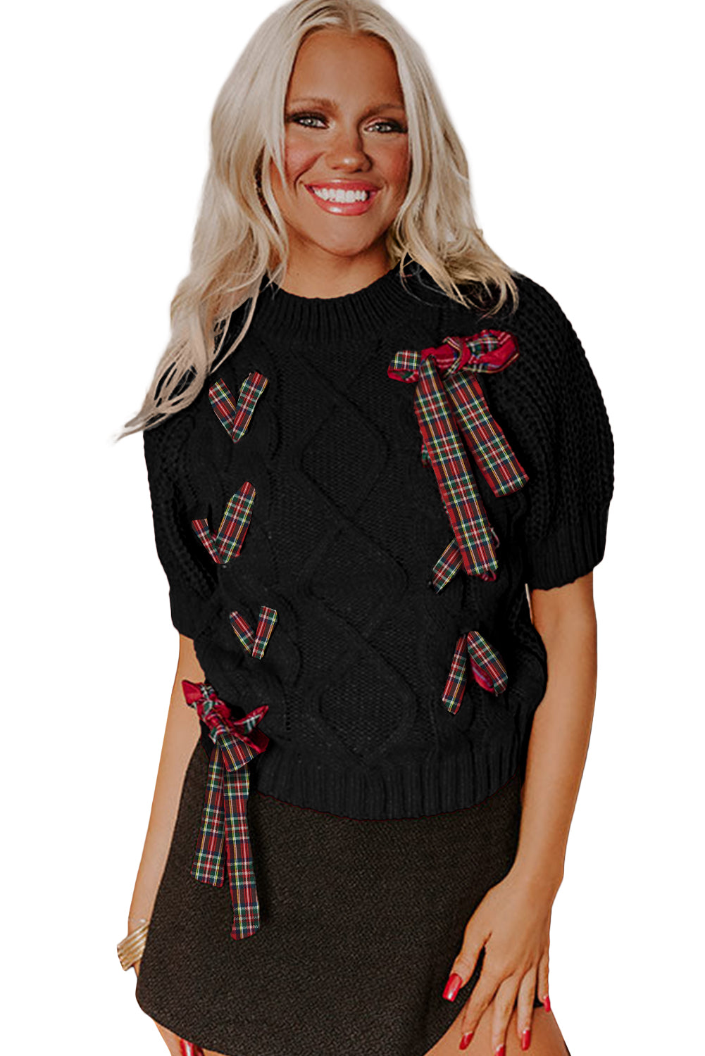 Plaid Lace-up Detail Christmas Holiday Puff Short Sleeve Sweater
