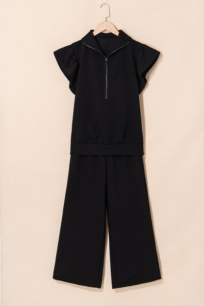 Textured Ruffle Sleeve Zipped Top and Wide Leg Pants Set