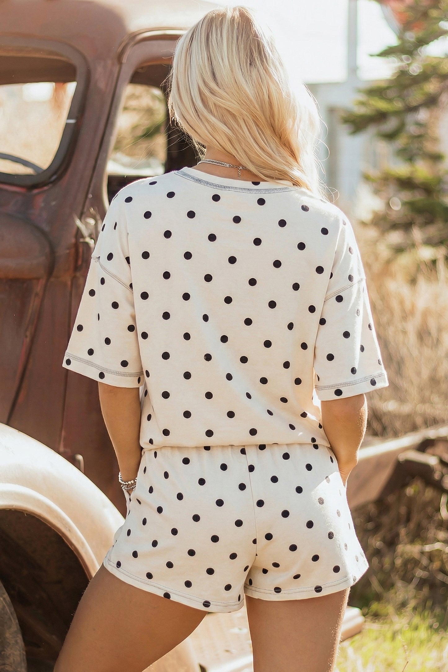 Polka Dot Short Sleeve Loose Top Drawstring Shorts Set