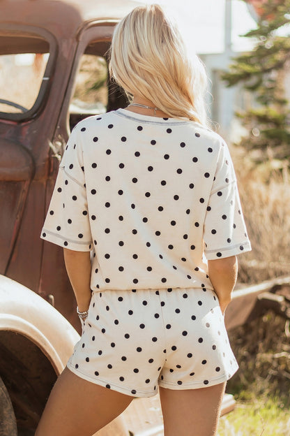 Polka Dot Short Sleeve Loose Top Drawstring Shorts Set