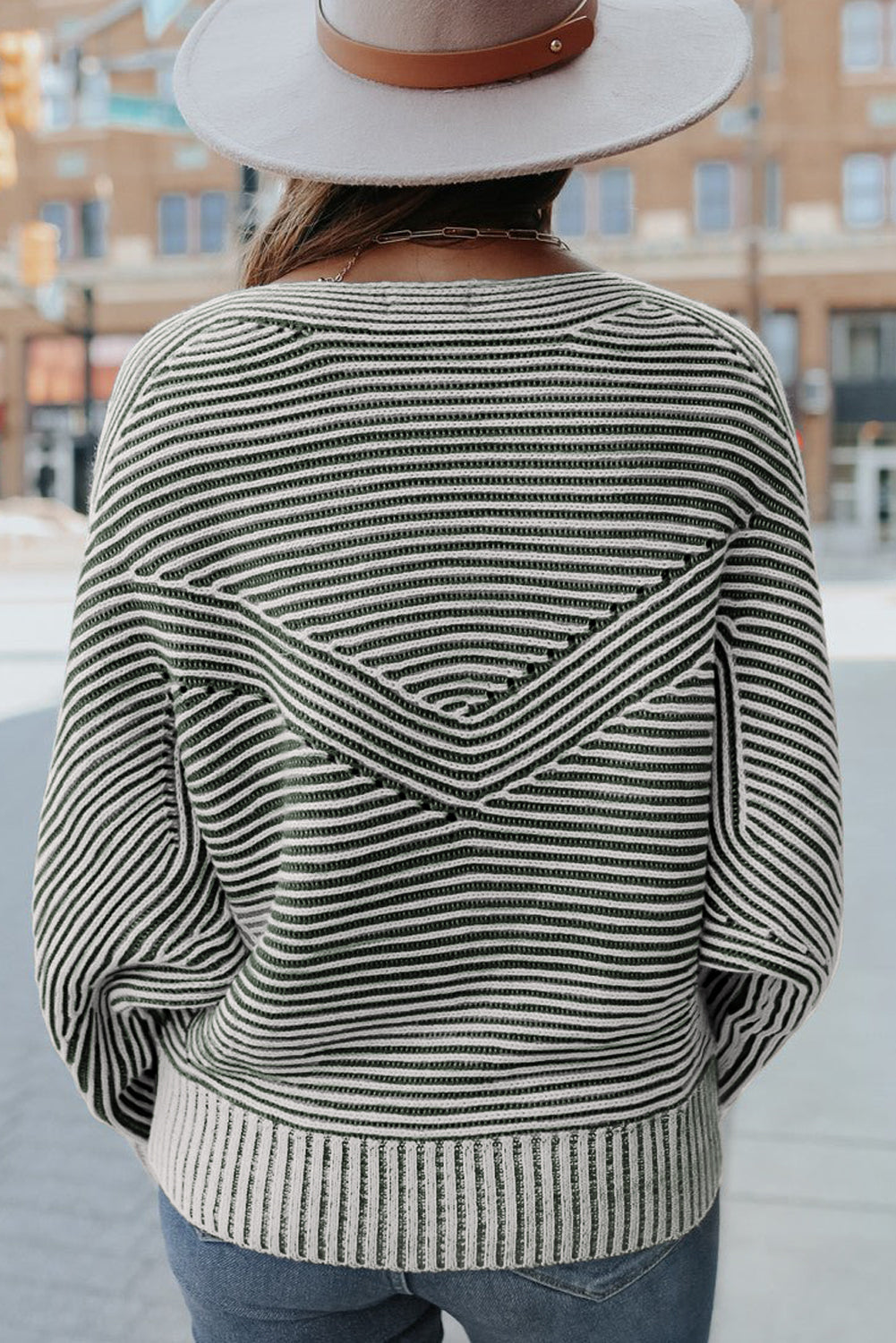 Striped Print Ribbed Knit Raglan Sleeve Baggy Sweater