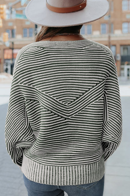 Striped Print Ribbed Knit Raglan Sleeve Baggy Sweater