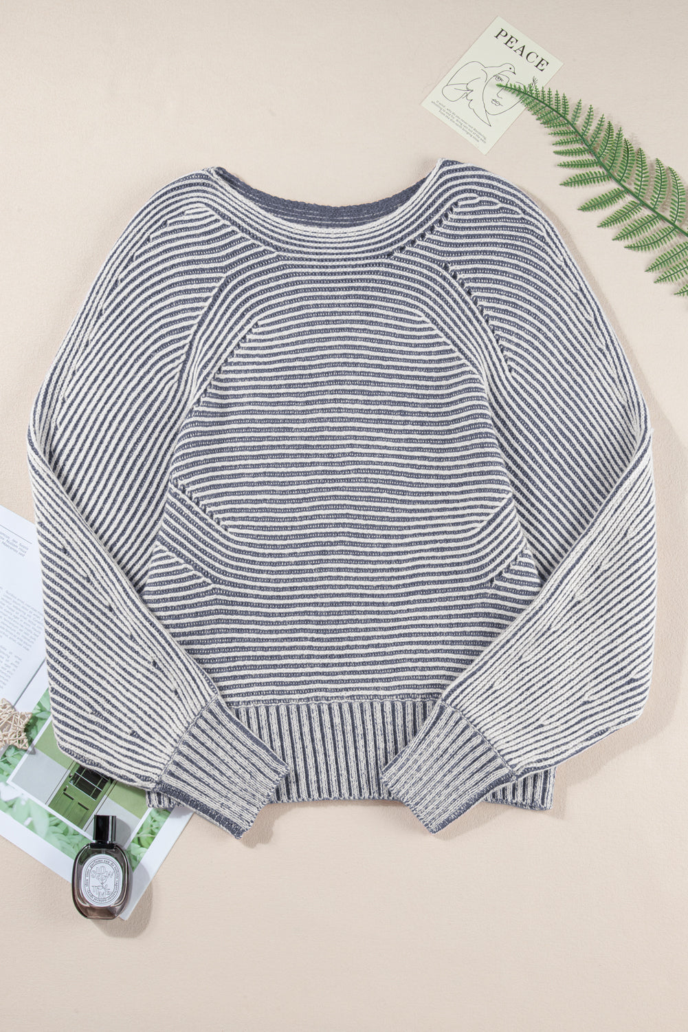Striped Print Ribbed Knit Raglan Sleeve Baggy Sweater