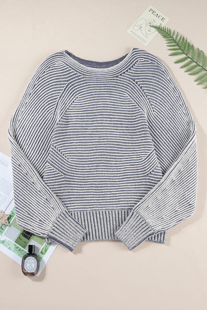 Striped Print Ribbed Knit Raglan Sleeve Baggy Sweater