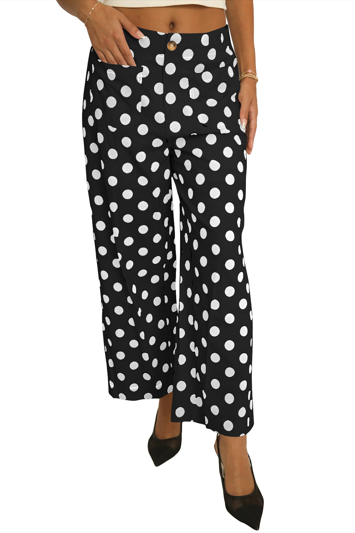Polka Dot Print Patched Pocket Mid-rise Straight Leg Pants