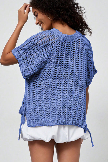 Open Knit Bow Tie Short Sleeve Sweater