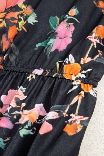 Black Plus Size Floral Print Tie Neck Cinched Waist Long Sleeve Mini Dress