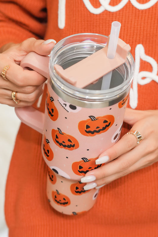 Orange Halloween Pumpkin Skull Print Handle Straw Tumbler