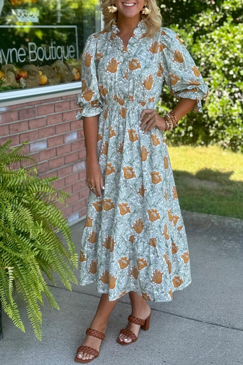 Floral Printed Frilled V Neck Bracelet Sleeve Long Dress