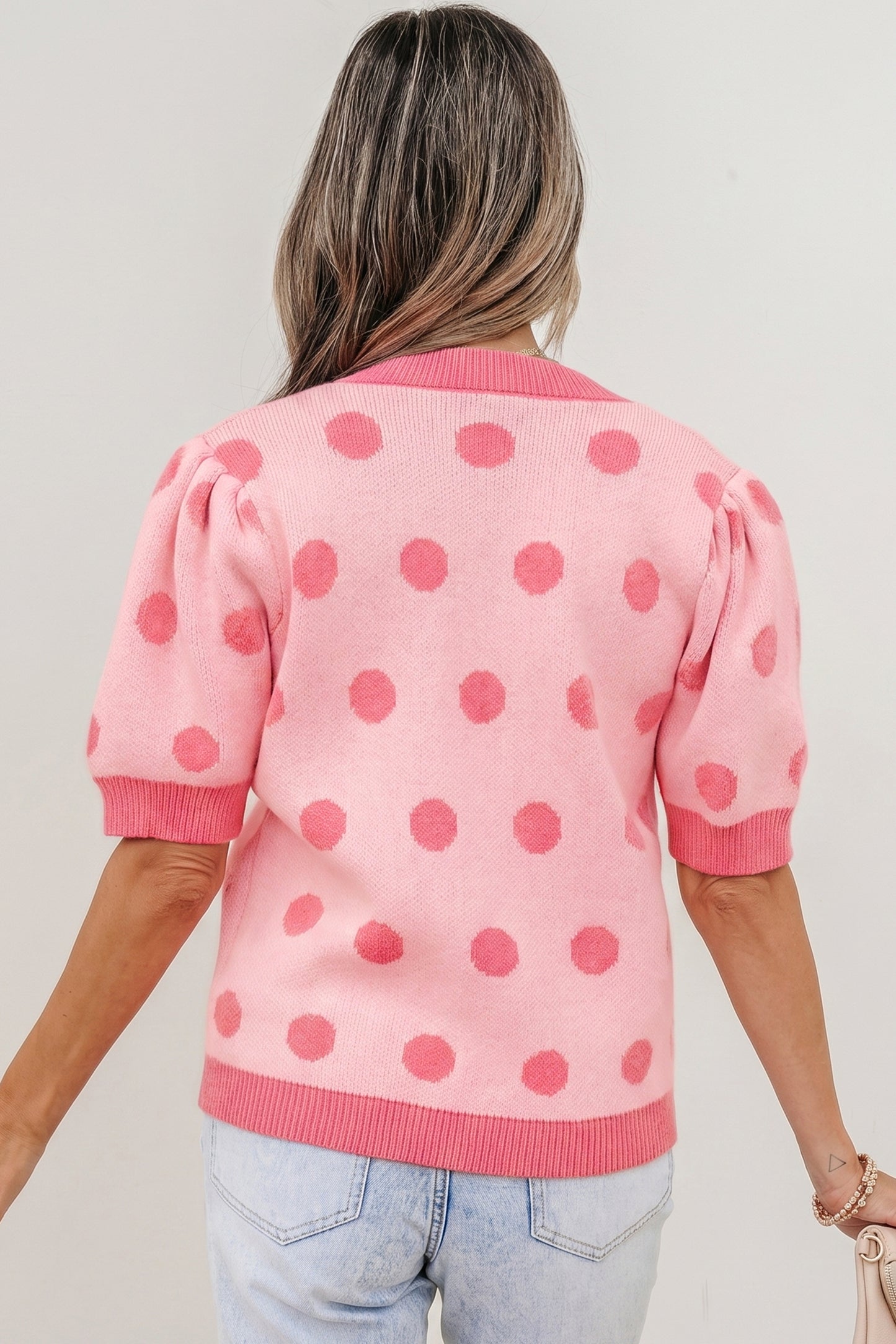 Polka Dot Puff Short Sleeve Sweater Top