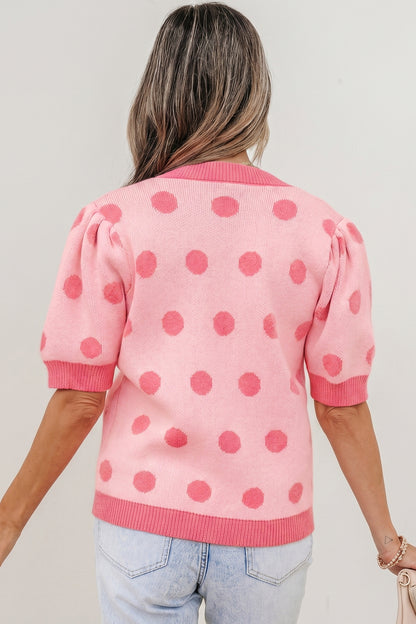 Polka Dot Puff Short Sleeve Sweater Top