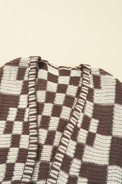 Rose Red Colorblock Checked Open Front Knitted Cardigan