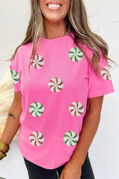 Pink Peppermint Candy Pattern Sequins Patch Christmas T Shirt