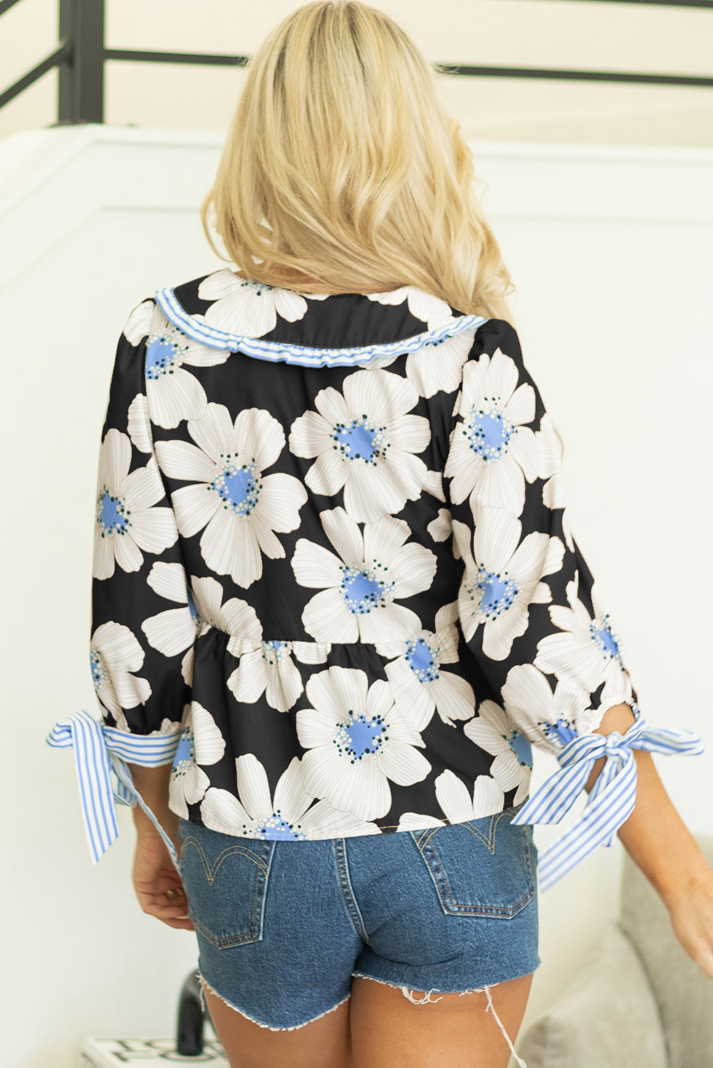 Floral Print Striped Tie Sleeve Collared V Neck Blouse