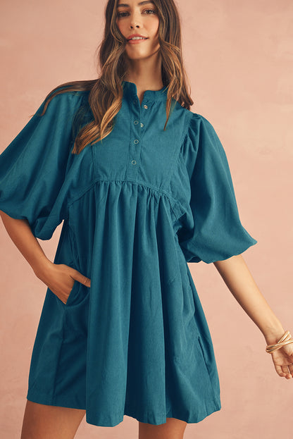 Light Snap Button Empire Waist Lantern Sleeve Corduroy Dress