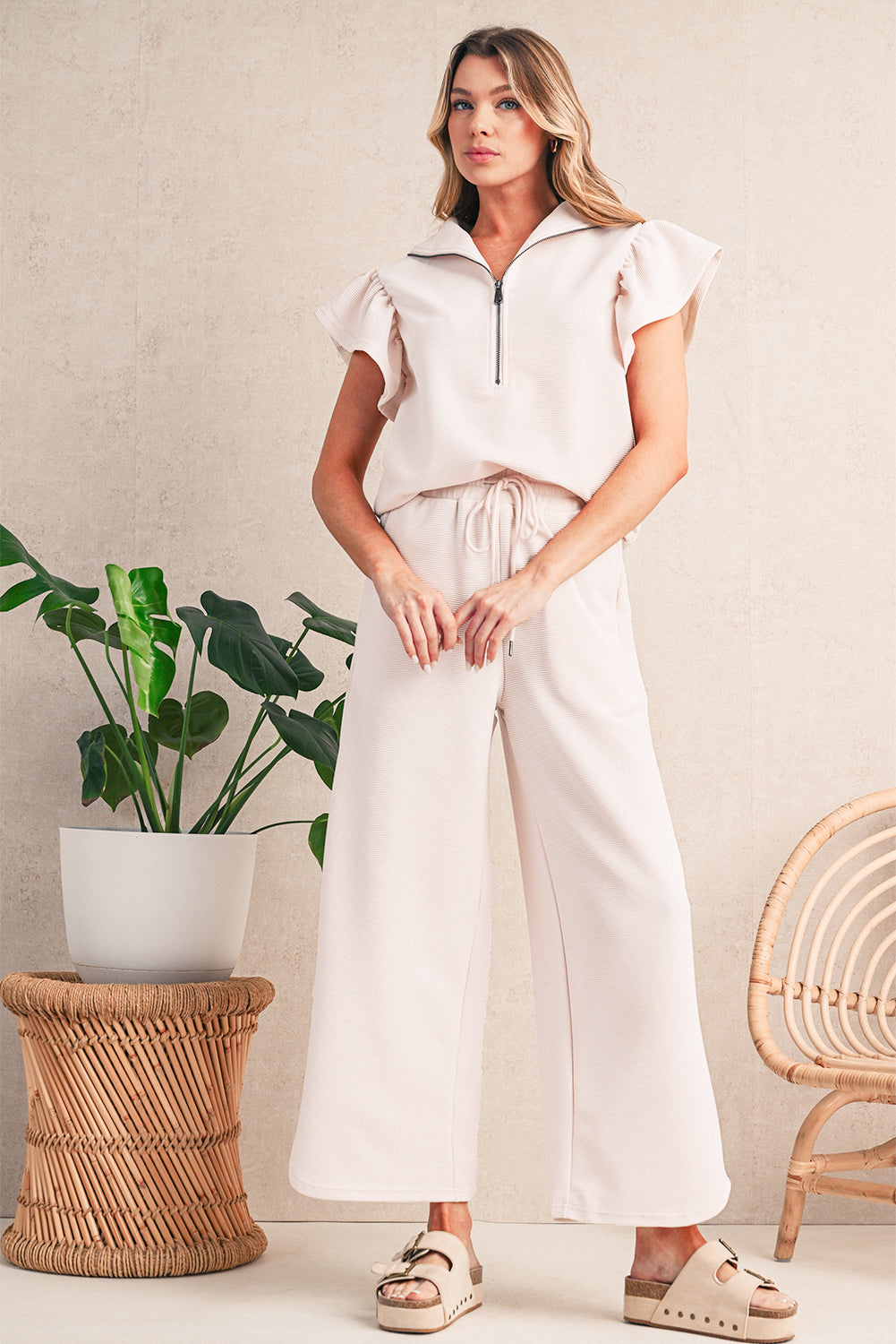 Textured Ruffle Sleeve Zipped Top and Wide Leg Pants Set