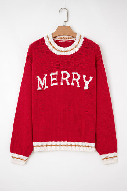 Fiery Red MERRY Pattern Colorblock Edge Drop Shoulder Cozy Sweater