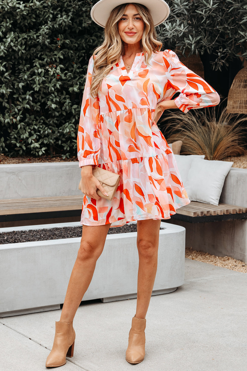 Orange Abstract Print Split Neck Long Sleeve Dress