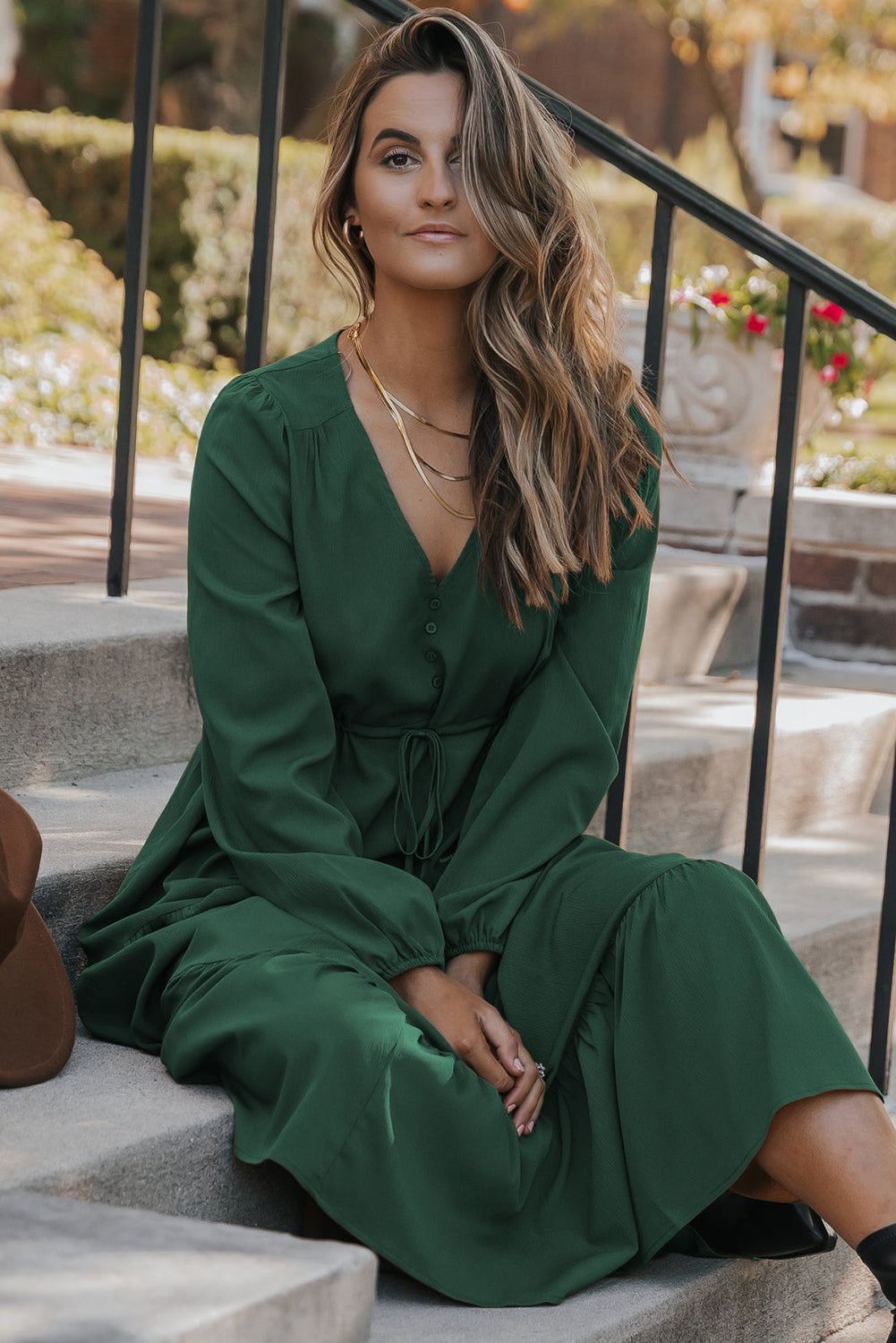 Solid Long Sleeve Button V Neck Tiered Maxi Dress