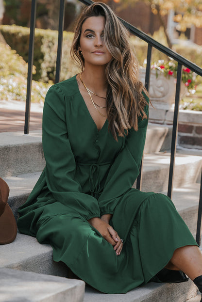 Solid Long Sleeve Button V Neck Tiered Maxi Dress