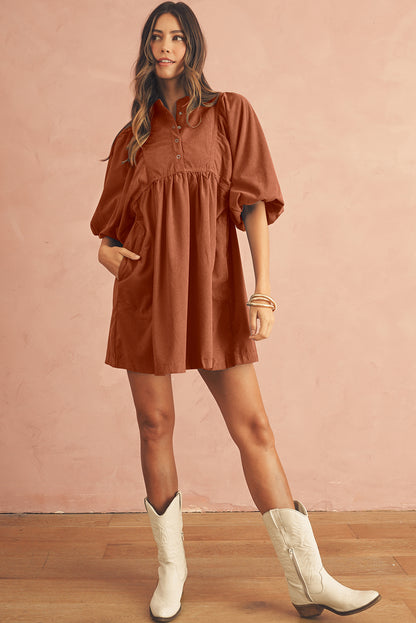 Light Snap Button Empire Waist Lantern Sleeve Corduroy Dress