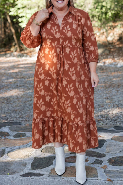 Plus Size Textured 3D Flower Pattern Ruffle Hem Midi Dress