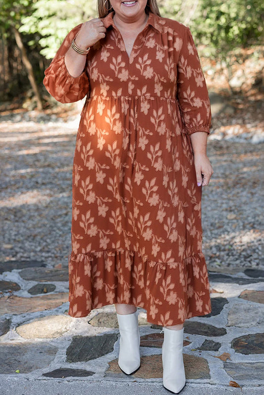 Plus Size Textured 3D Flower Pattern Ruffle Hem Midi Dress