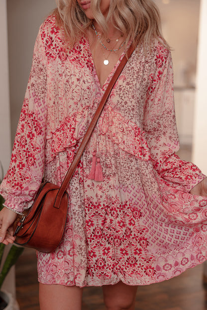 Pink Boho Floral Print Tassel Tie Long Sleeve Flowy Mini Dress