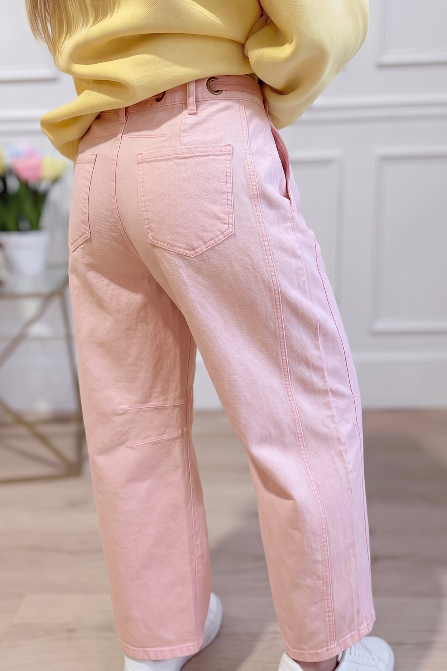 Color Grommet Detail Knot Waist Barrel Jeans