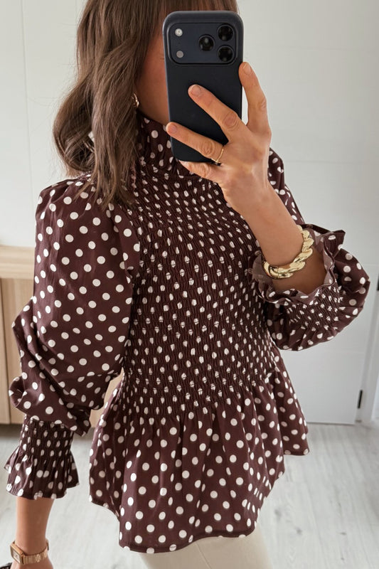 Brown Polka Dot Ruffled High Neck Shirred Ruffle Hem Blouse