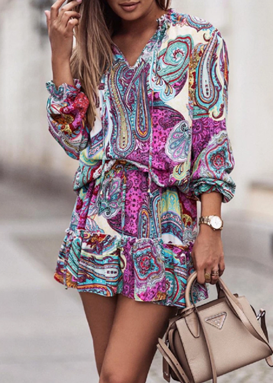 Multicolor Abstract Print V Neck Mini Dress